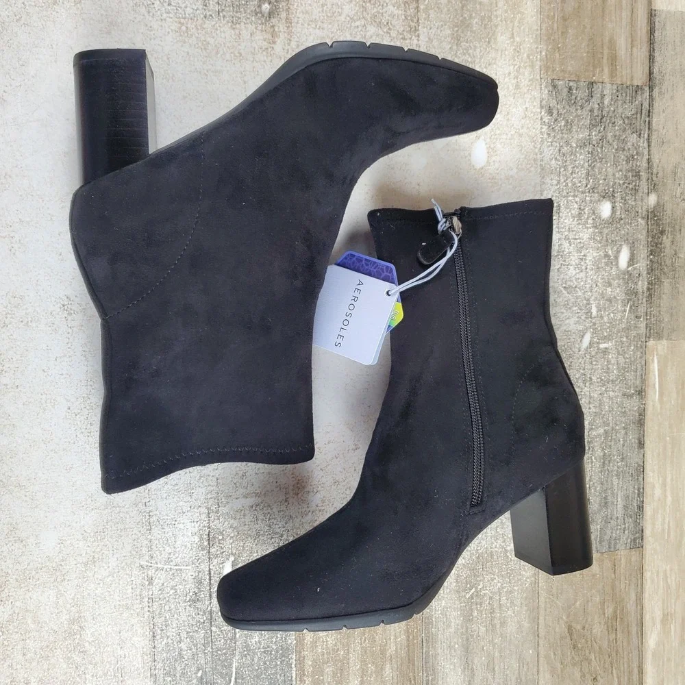 Aerosoles Miley Women Ankle Bootie Sz 6.5 M Black Side Zip Block Heel Square Toe